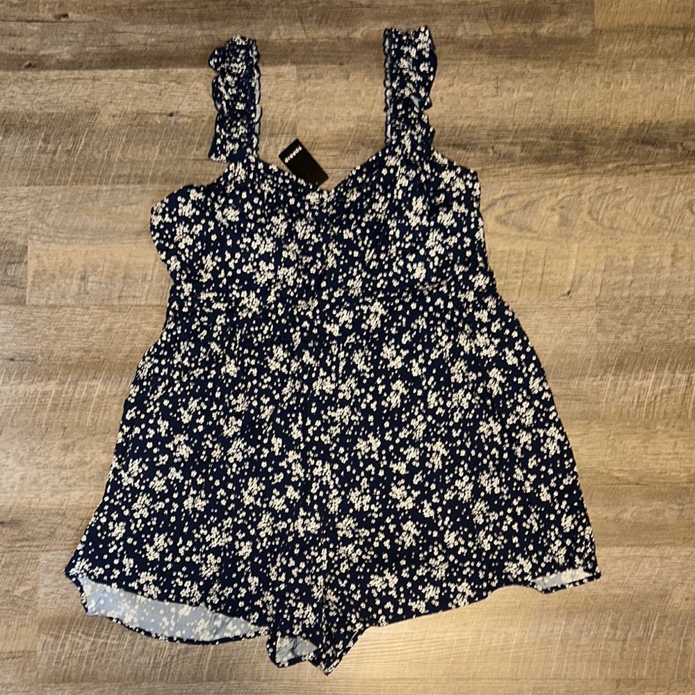 Torrid Ruffled Straps Layered Romper in Dusted Ditsy Floral Medieval Blue